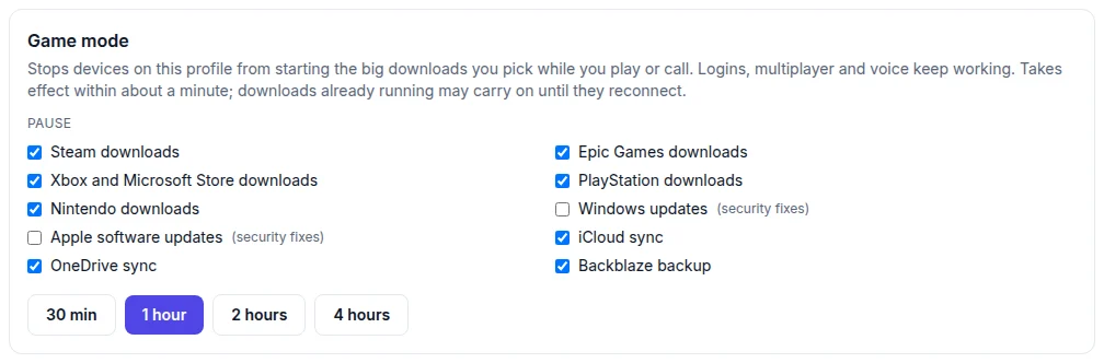 The Net Fix game mode panel with checkboxes to pause Steam, Epic Games, Xbox, PlayStation and Nintendo downloads, iCloud and OneDrive sync and Backblaze backup, with Windows and Apple security updates left on, and buttons for 30 minutes, 1 hour, 2 hours or 4 hours